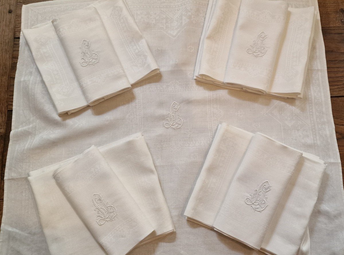 Set Of 14 Napkins - Damask - White - Monogram - 19th Century