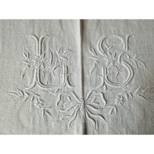 Service De Table Damas De Lin - Rivieres De Jours - Grand Monogramme Fleuri Avec Noeud