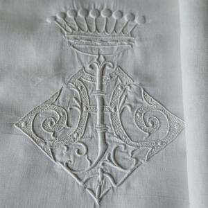 Drap En Fil - XIXème - Sous Couronne Comtale - Monogramme "AJ" Largeur  - 265 Cm