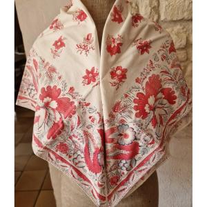 19th Century Printed Regional Shawl - White Background And Red Flower Patterns All Around The Shawl