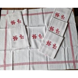 Six Napkins - Hand Embroidered "hl" Monogram - Red Liteau