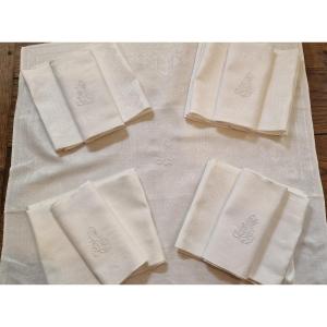 Set Of 14 Napkins - Damask - White - Monogram - 19th Century