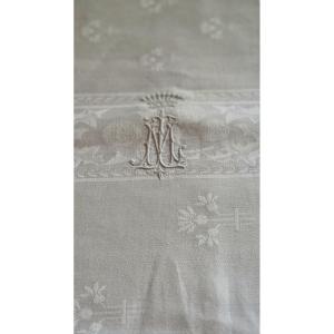 Nappe Damasse De Lin - Motifs De Chardons Et Fleurs - Monogramme Sous Couronne Comtale