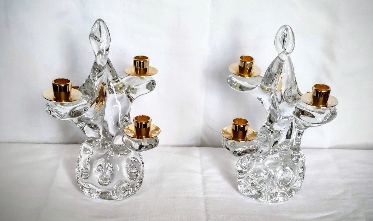 Bougeoirs  En  Cristal  Signé   Schneider  Epoque  1960