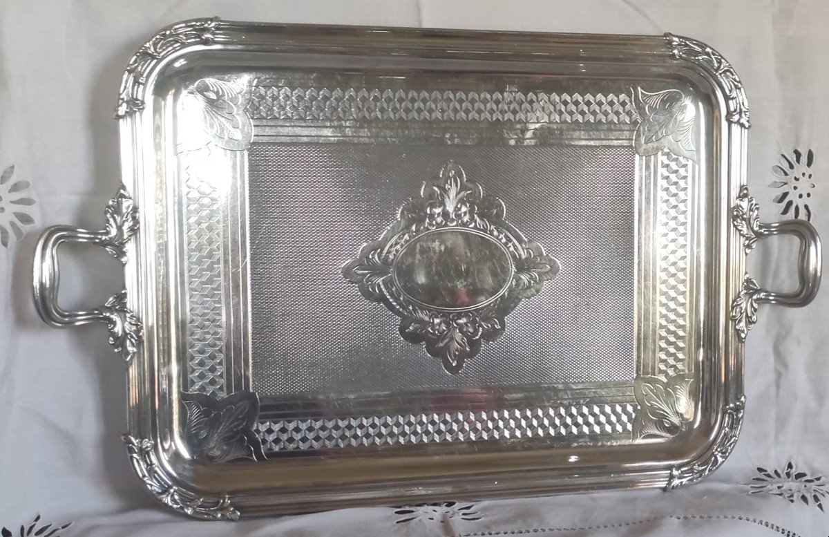 Rectangular Silver Metal Tray With Handles 