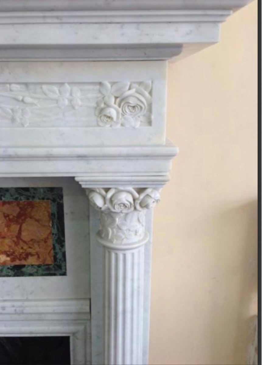 Magnificent Art Nouveau Fireplace Decorated With Roses In White Carrara Marble-photo-3