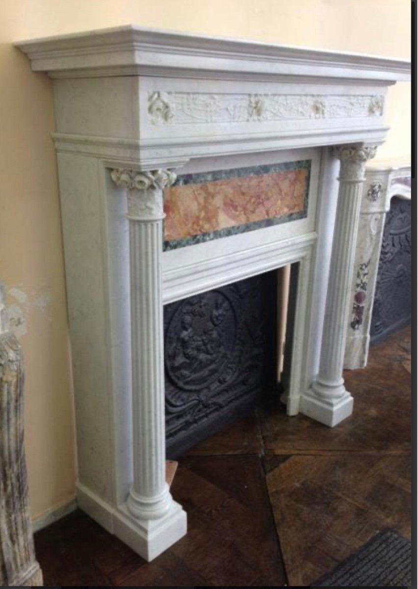 Magnificent Art Nouveau Fireplace Decorated With Roses In White Carrara Marble-photo-4
