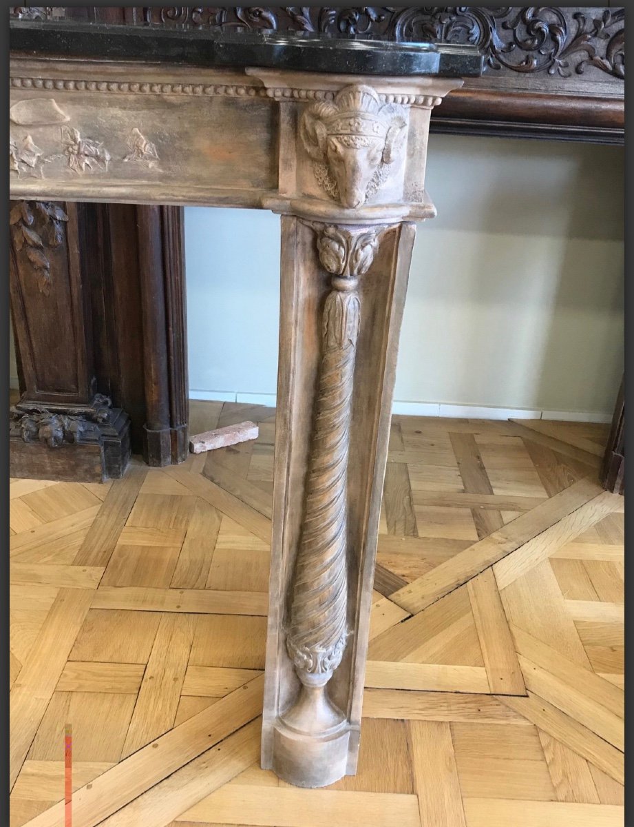 Beautiful Louis XVI Style Terracotta Fireplace End Of XIXth Century With Musical Attributes-photo-3