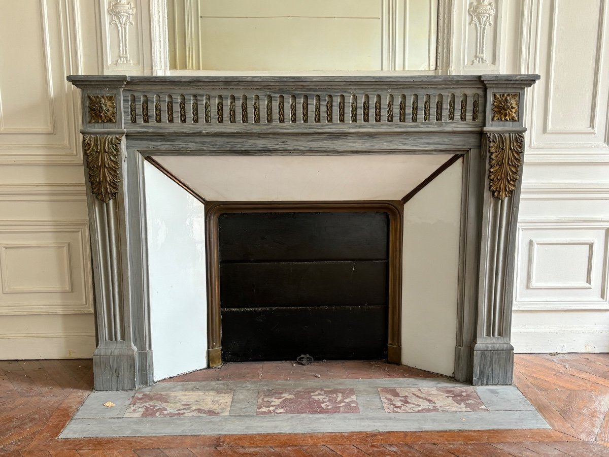 Beautiful Antique Louis XVI Style Fireplace Made In Turquin Blue Marble Decorated With Bronzes -photo-3