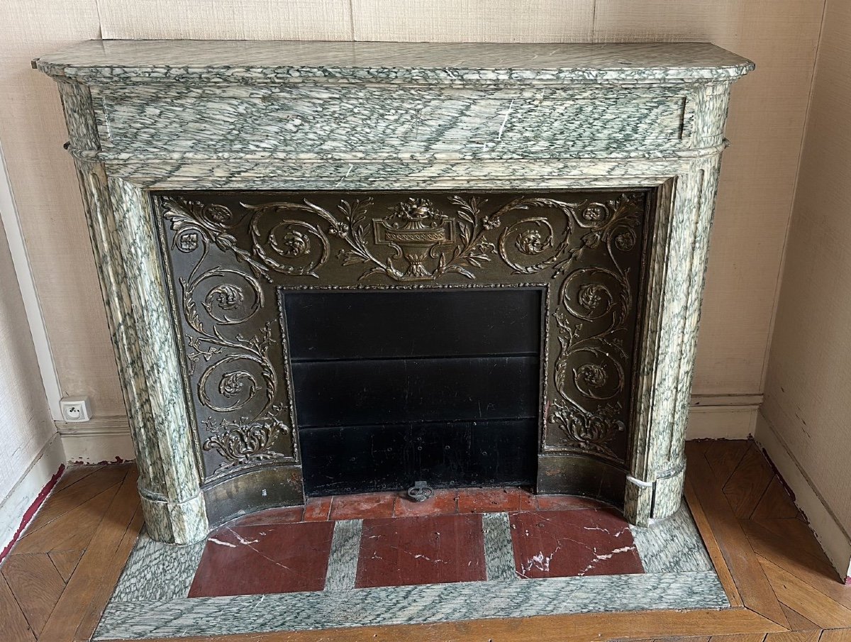 Antique Louis XVI Style Half Moon Fireplace In Green Campan Marble Dating From The 19th Century 