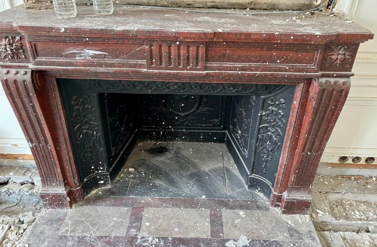 Magnificent Antique Louis XVI Style Fireplace Made Of Red Griotte Marble, Late 19th Century-photo-2