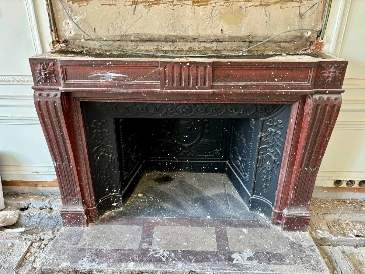 Magnificent Antique Louis XVI Style Fireplace Made Of Red Griotte Marble, Late 19th Century-photo-3