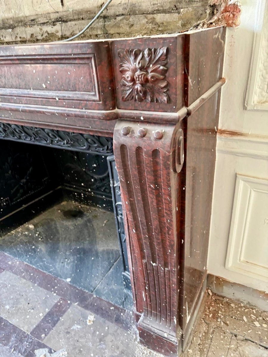 Magnificent Antique Louis XVI Style Fireplace Made Of Red Griotte Marble, Late 19th Century-photo-4