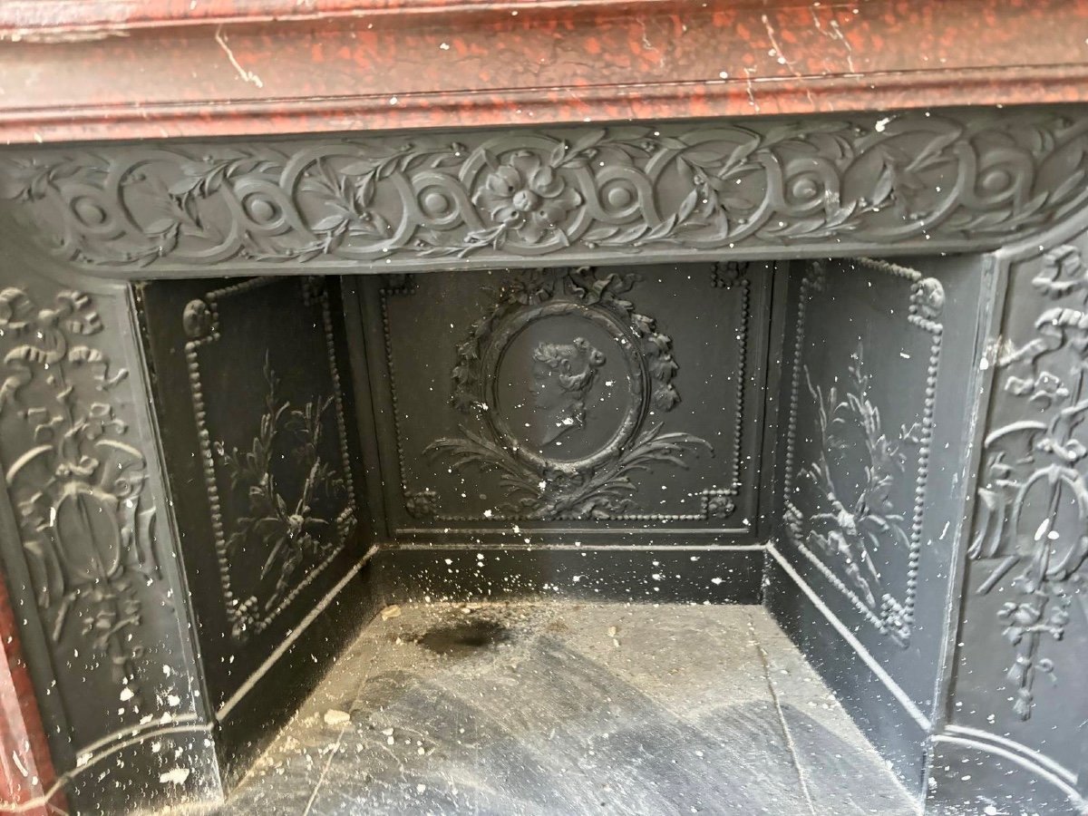 Magnificent Antique Louis XVI Style Fireplace Made Of Red Griotte Marble, Late 19th Century-photo-1