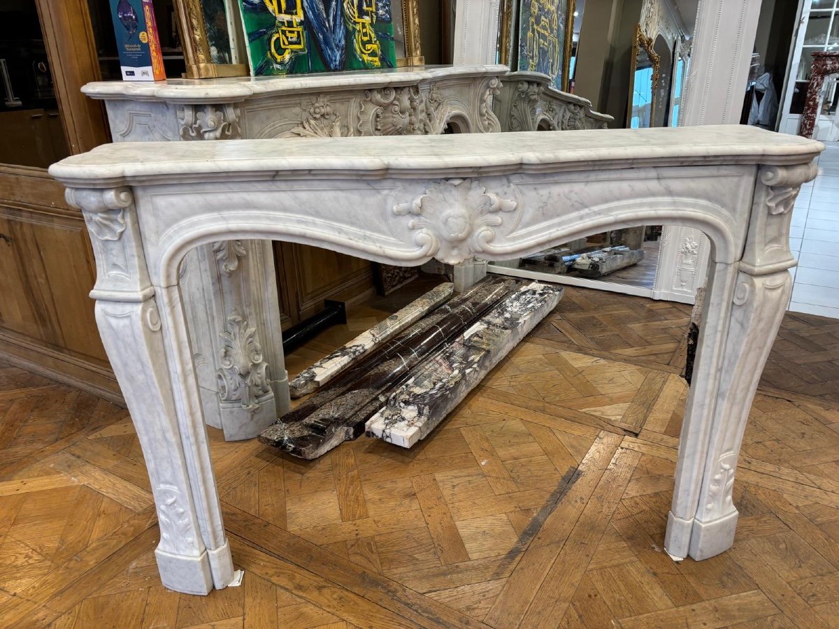 Antique Louis XV Style Fireplace Made Of White Carrara Marble, Late 19th Century