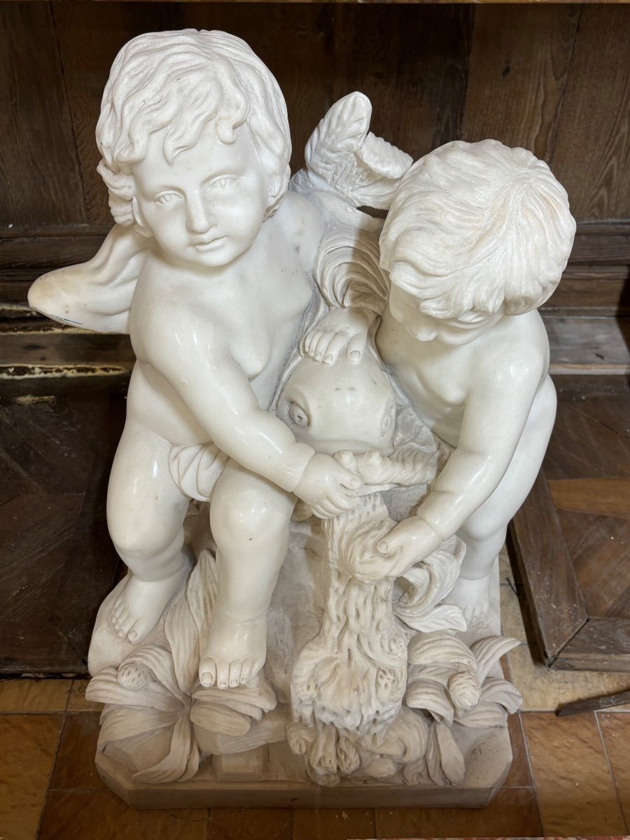 Beautiful White Marble Group Depicting Two Babies Sitting With A Fish -photo-4