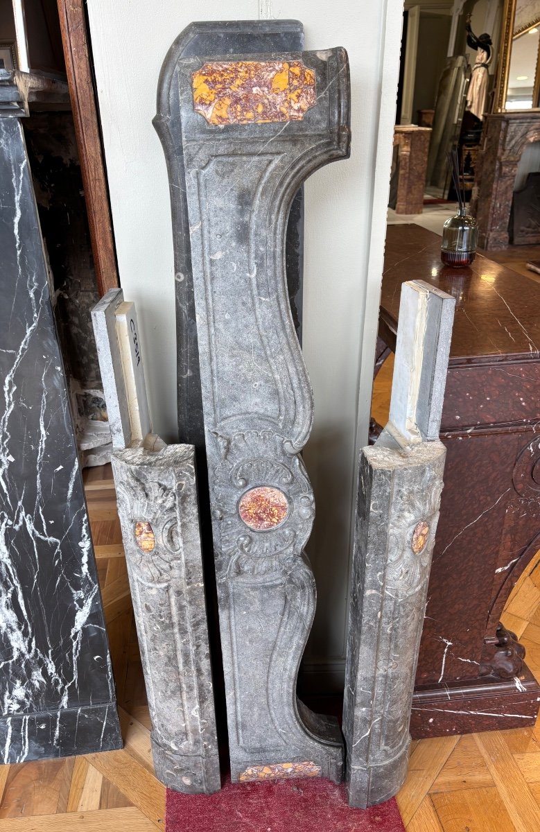 Antique Fireplace With Marble Marquetry From The Period Made Of Grey Marble Stone 