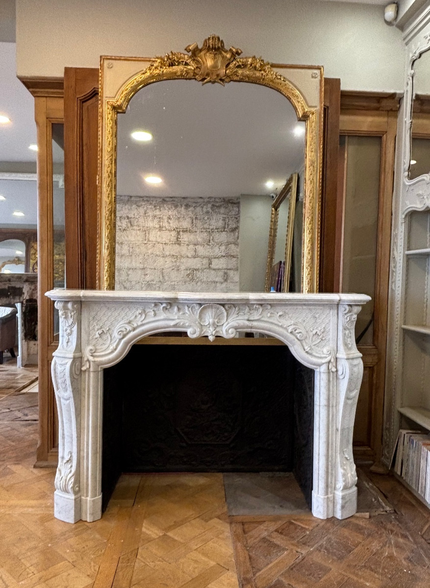 Exceptional Antique Louis XV Style White Carrara Marble Fireplace, Richly Carved 