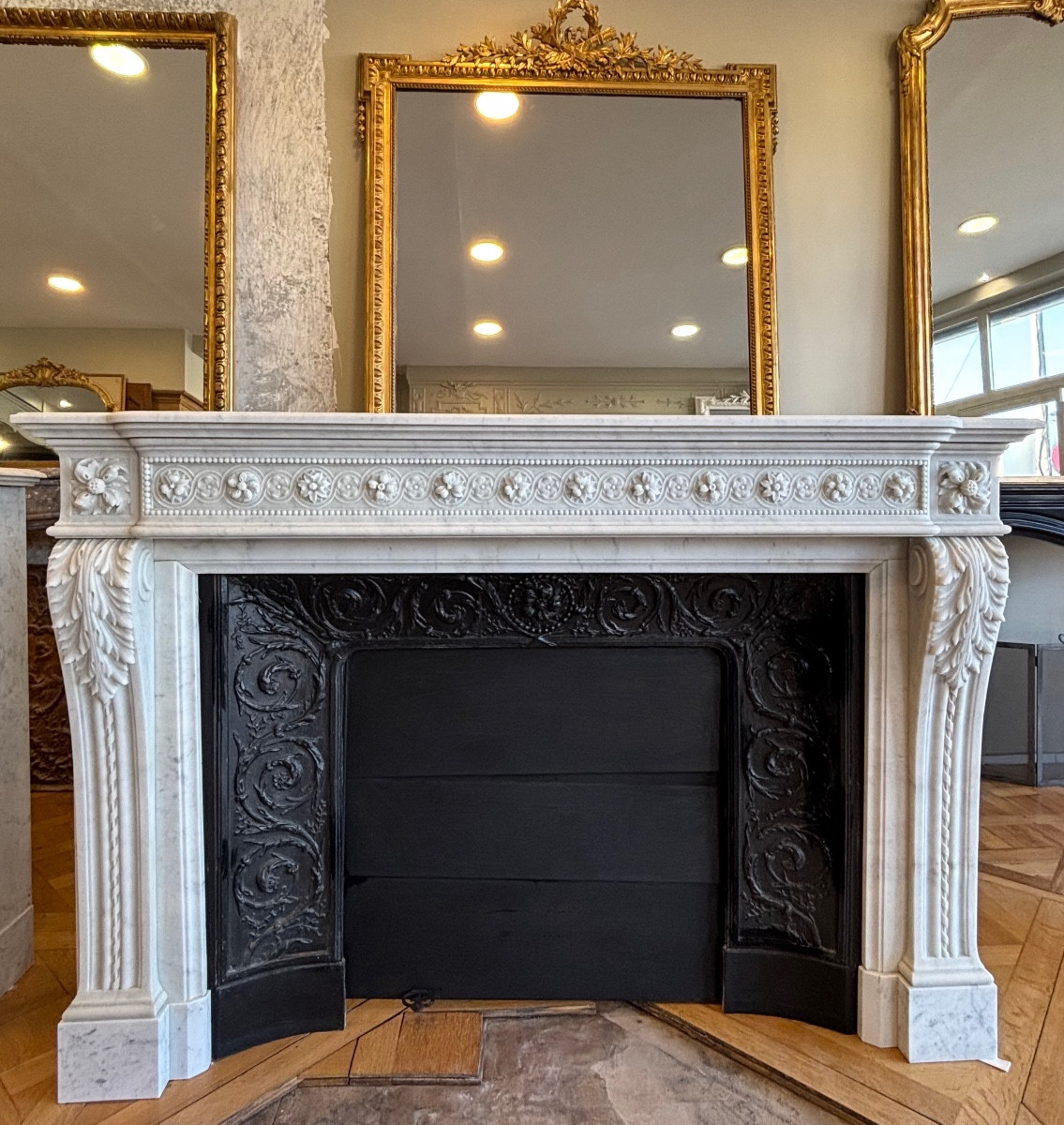 Antique Louis XVI Style Macaron Fireplace Made Of 19th Century White Carrara Marble