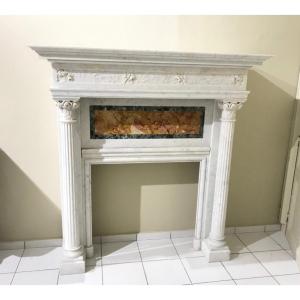 Magnificent Art Nouveau Fireplace Decorated With Roses In White Carrara Marble