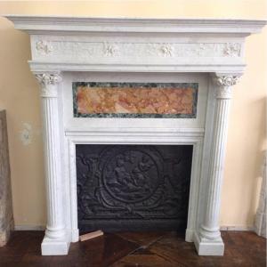 Magnificent Art Nouveau Fireplace Decorated With Roses In White Carrara Marble
