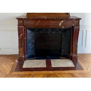 Magnificent Antique Louis XVI Style Fireplace In Griotte Red Marble With Bronze Decor 