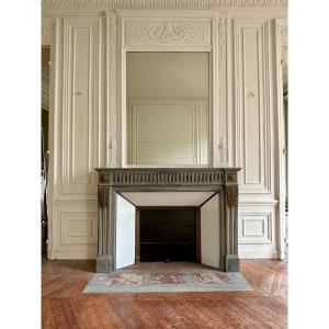 Beautiful Antique Louis XVI Style Fireplace Made In Turquin Blue Marble Decorated With Bronzes 