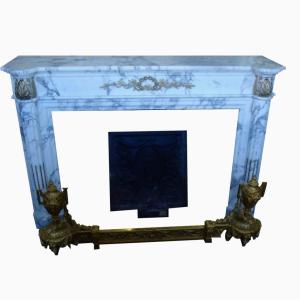 Elegant And Fine Antique Louis XVI Style Fireplace In Arabescato Marble With Bronze Decor 