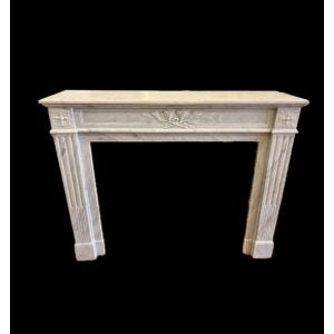 Beautiful Antique Louis XVI Style Fireplace With Olive Branch In Carrara Marble, Late 19th Century