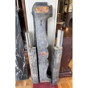 Antique Fireplace With Marble Marquetry From The Period Made Of Grey Marble Stone 