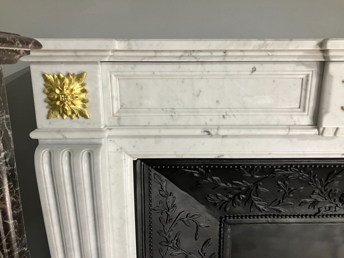 Large Antique Louis XVI Style Fireplace With White Marble Bronzes.-photo-2