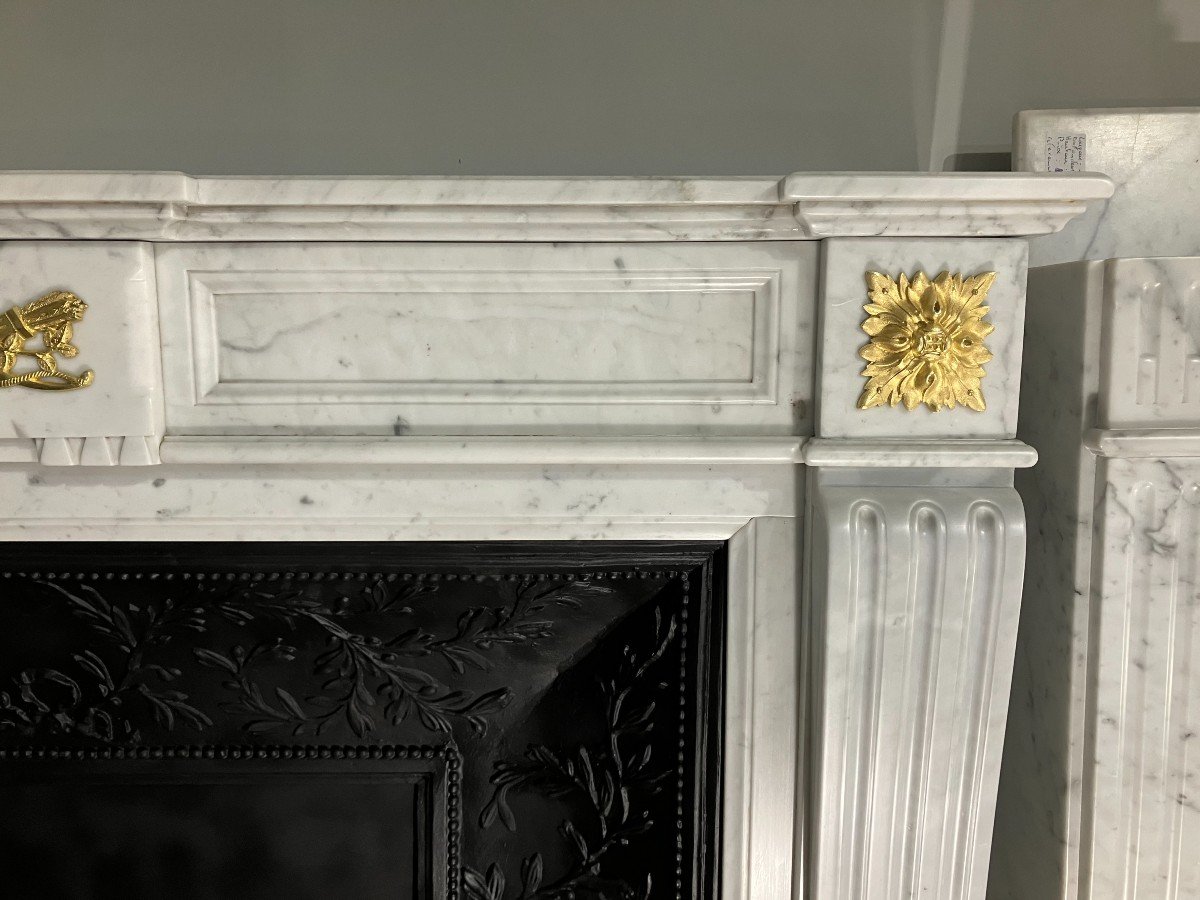 Large Antique Louis XVI Style Fireplace With White Marble Bronzes.-photo-4