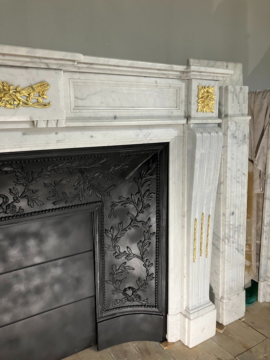 Large Antique Louis XVI Style Fireplace With White Marble Bronzes.-photo-7