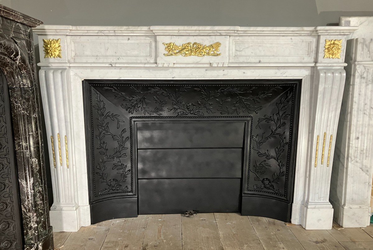 Large Antique Louis XVI Style Fireplace With White Marble Bronzes.