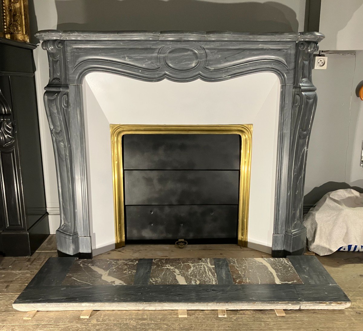 Antique Louis XV Style Fireplace In Blue Turquin Marble.