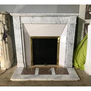 Small Antique Louis XVI Style Fireplace In Veined White Marble.