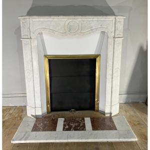 Small Antique Louis XV "pompadour" Style Fireplace In Gray Veined White Marble.