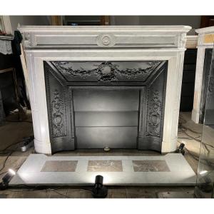 Antique Louis XVI Style Fireplace In White Marble.