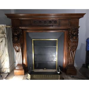 Antique Napoleon III Style Wood Fireplace Has Lions' Heads.