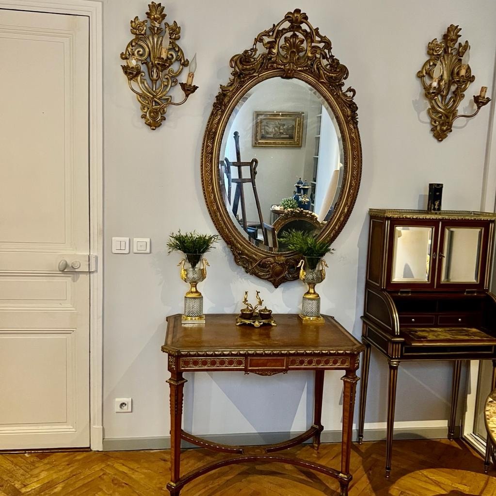 Middle Table Of Ceremonial Louis XVI Style In Rosewood, Leather Top And Bronzes XIX Ieme-photo-8