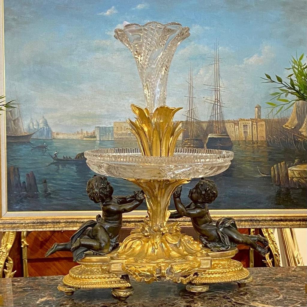 Large Centerpiece In Gilt Bronze And Crystal Decorations With Puttis From Maison Picard XIX Ieme-photo-1