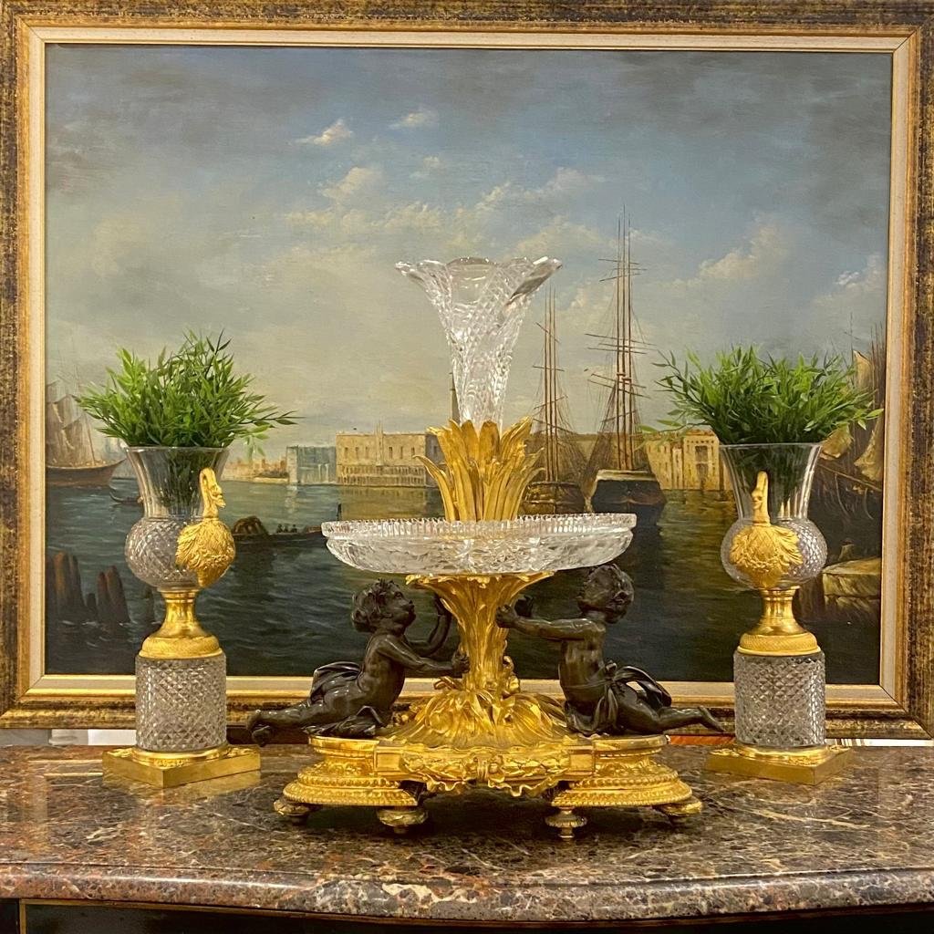 Large Centerpiece In Gilt Bronze And Crystal Decorations With Puttis From Maison Picard XIX Ieme