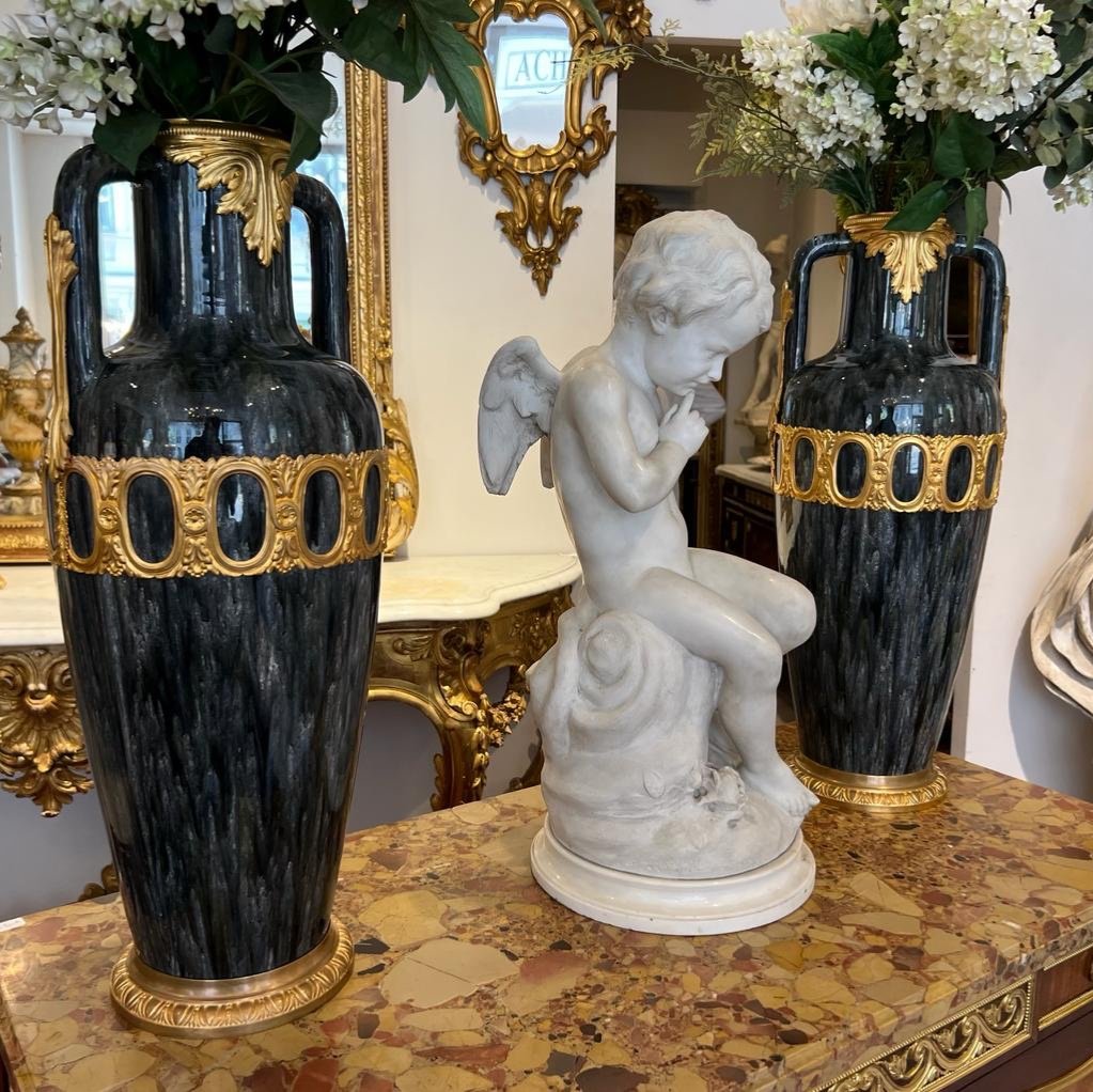 Paire De Vases En Porcelaine Irisée Montée Bronze Doré D’époque Fin XIX Ieme -photo-6