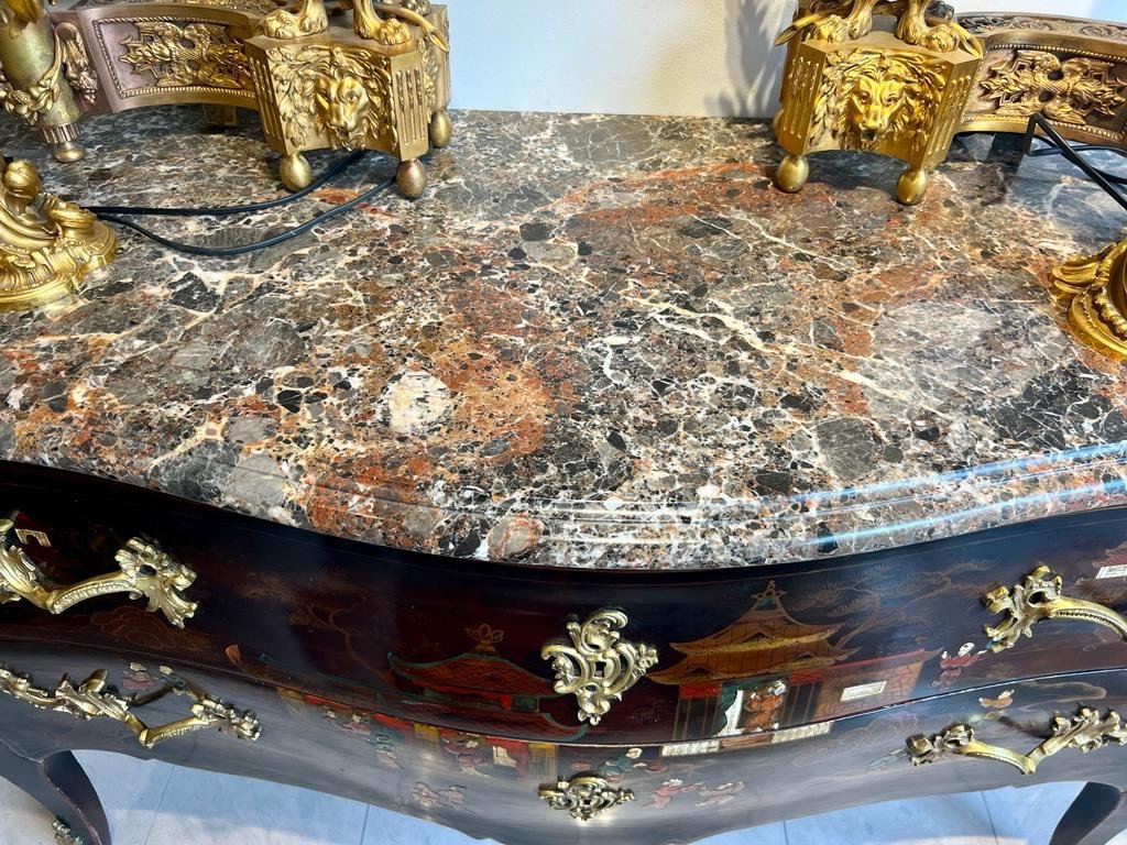 Large Curved Chest Of Drawers In Chinese Lacquer Louis XV Style From The Late XIX Ieme Period-photo-4