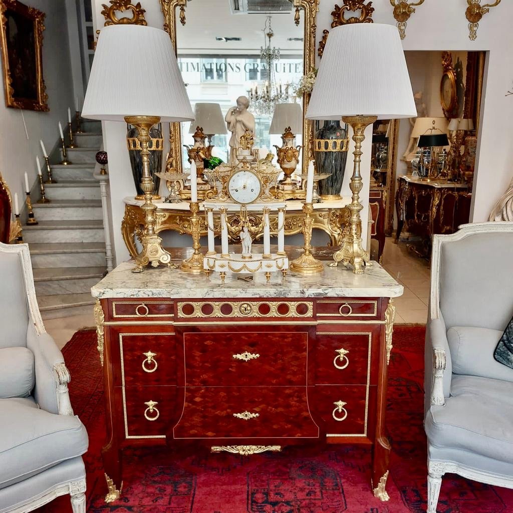 Commode De Style Transition à Ressaut En Marqueterie D’époque Napoléon Ili 