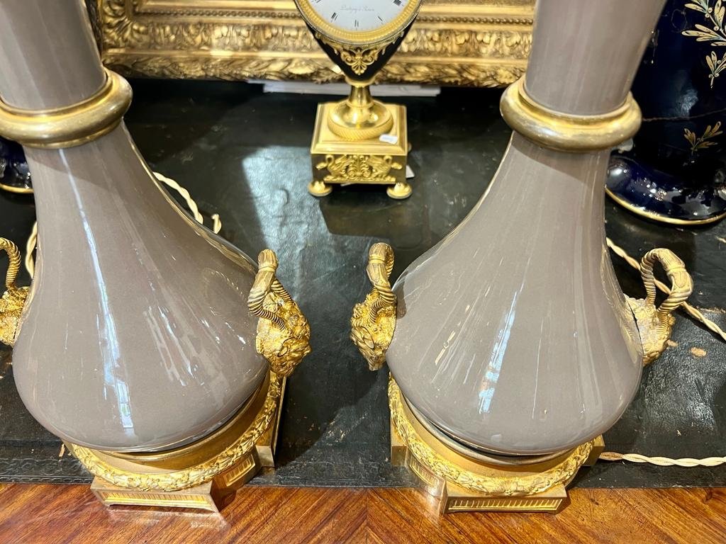 Pair Of Dove Gray Porcelain Lamps With Gilt Bronze Mount XIXth Century-photo-8