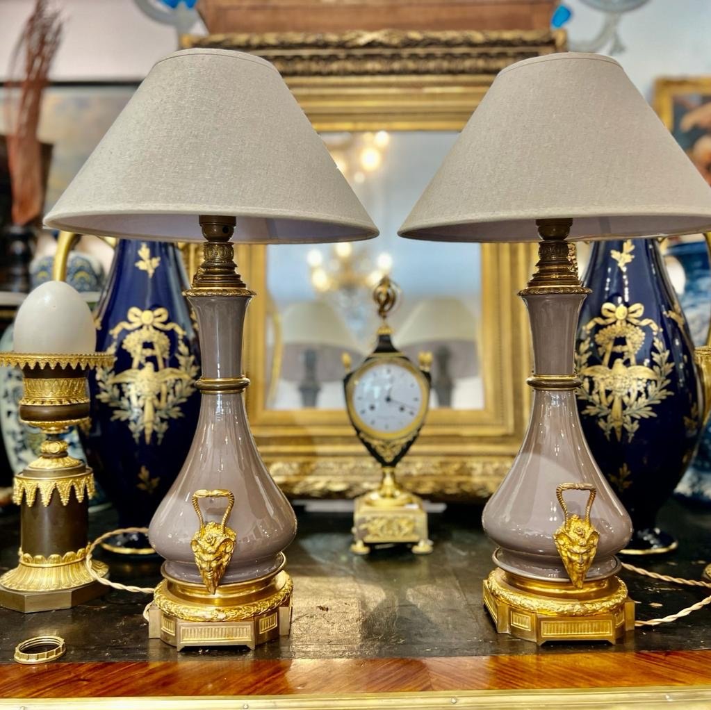 Pair Of Dove Gray Porcelain Lamps With Gilt Bronze Mount XIXth Century