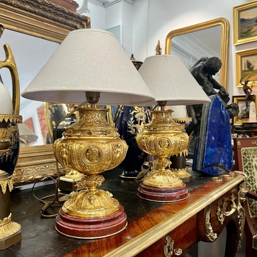 Pair Of Antique Lamp In Gilt Bronze And Base In Cherry Red Marble Napoleon Ili Period-photo-3