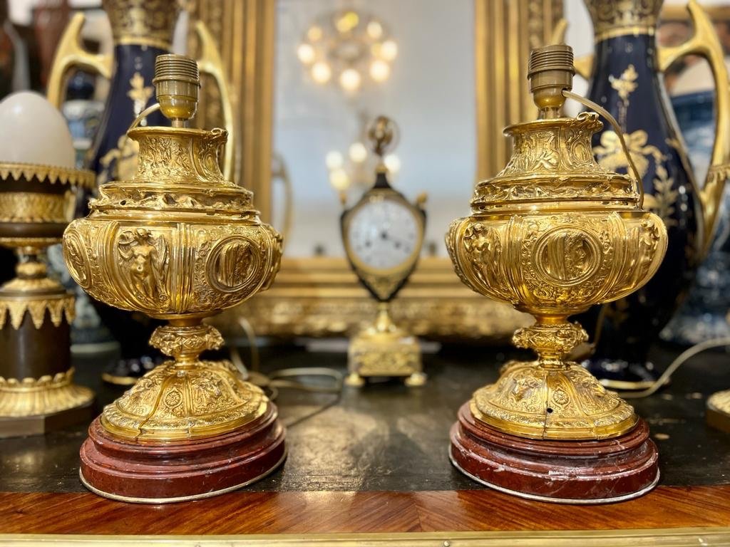 Pair Of Antique Lamp In Gilt Bronze And Base In Cherry Red Marble Napoleon Ili Period-photo-5
