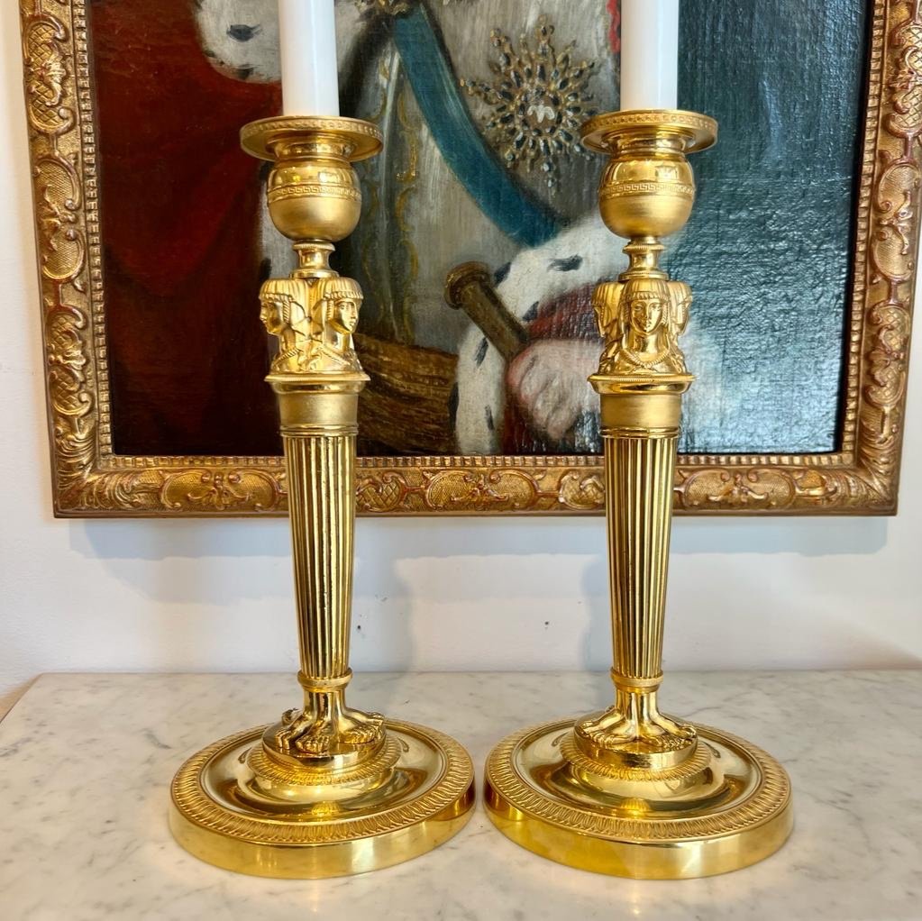 Pair Of Empire Candlesticks In Egyptian Gilt Bronze By Claude Galle-photo-2